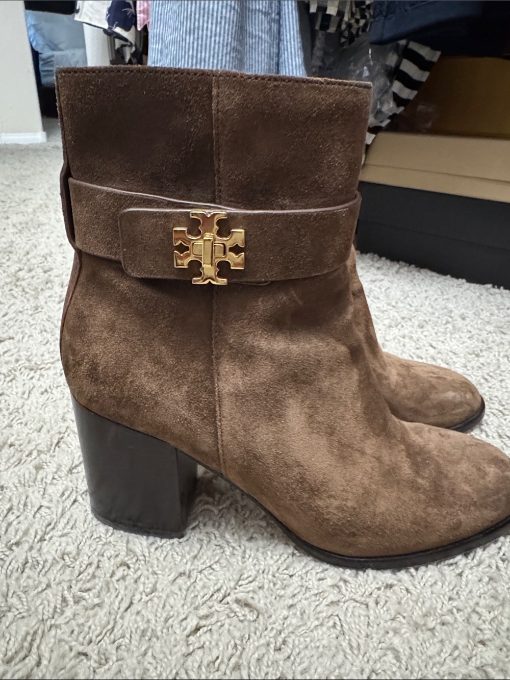 Tory Burch Brown Suede Block Heel Ankle Boots with Gold Logo